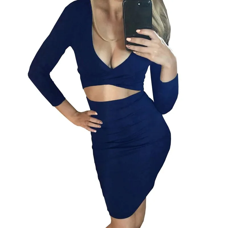 Women's Spring/Autumn Long-Sleeved Elastic Bandage Midi Dress