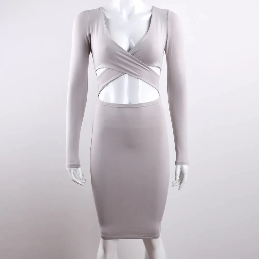 Women's Spring/Autumn Long-Sleeved Elastic Bandage Midi Dress