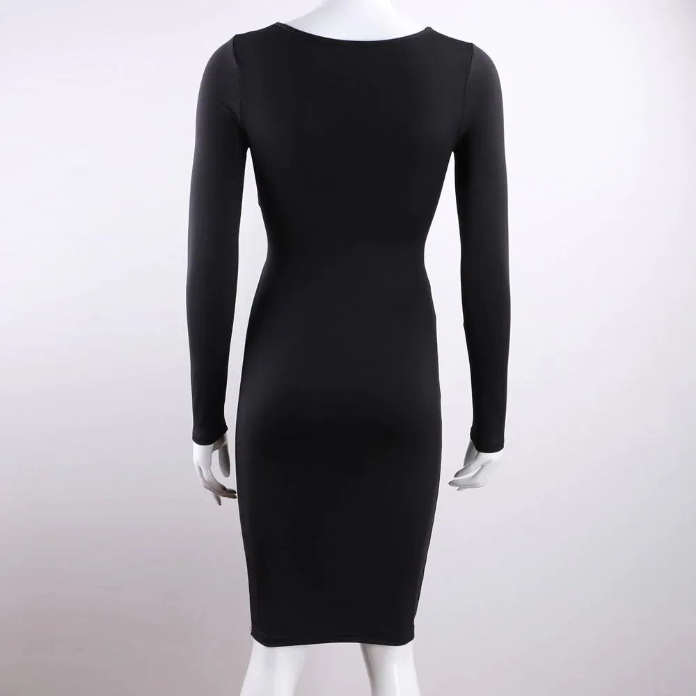 Women's Spring/Autumn Long-Sleeved Elastic Bandage Midi Dress