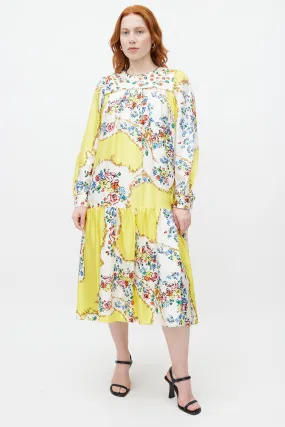 Yellow & Multicolour Floral Silk Dress