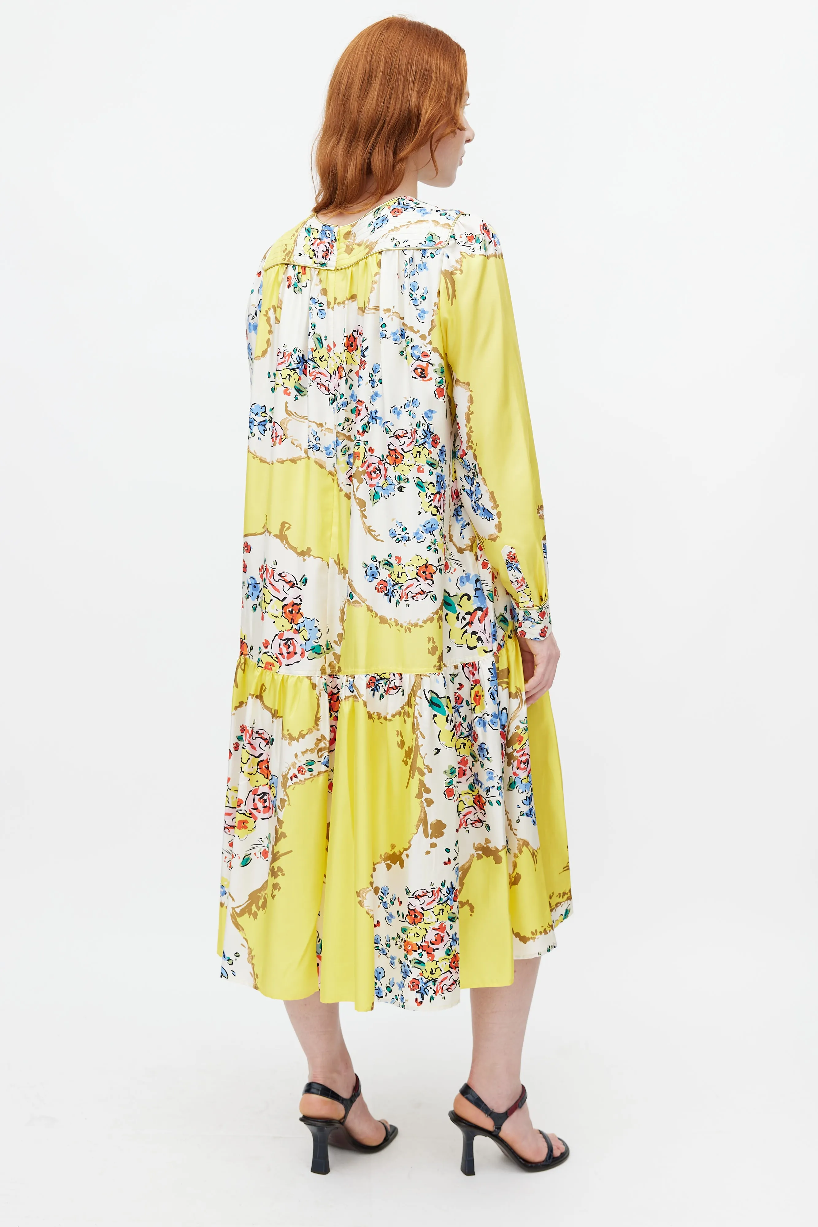 Yellow & Multicolour Floral Silk Dress