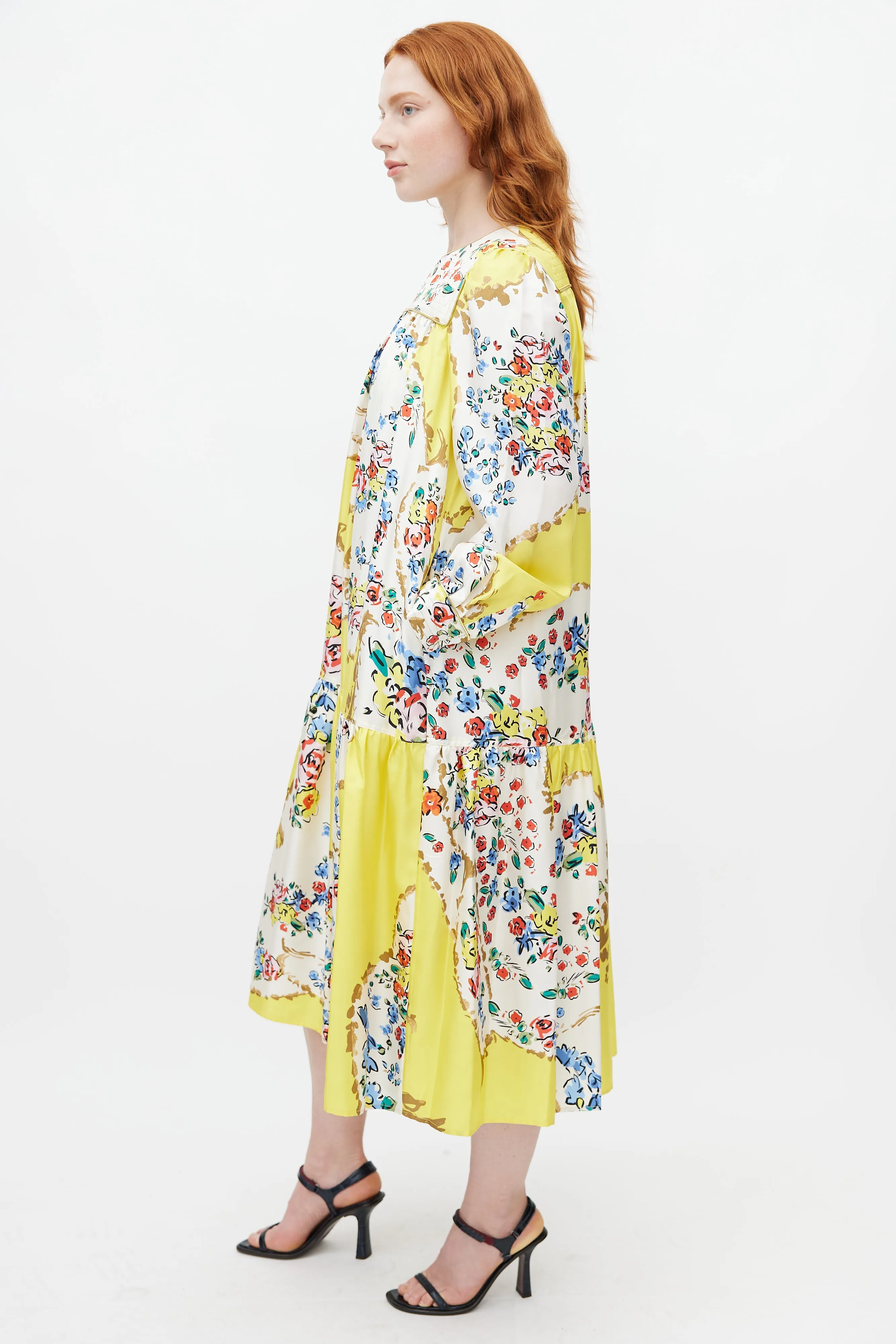 Yellow & Multicolour Floral Silk Dress