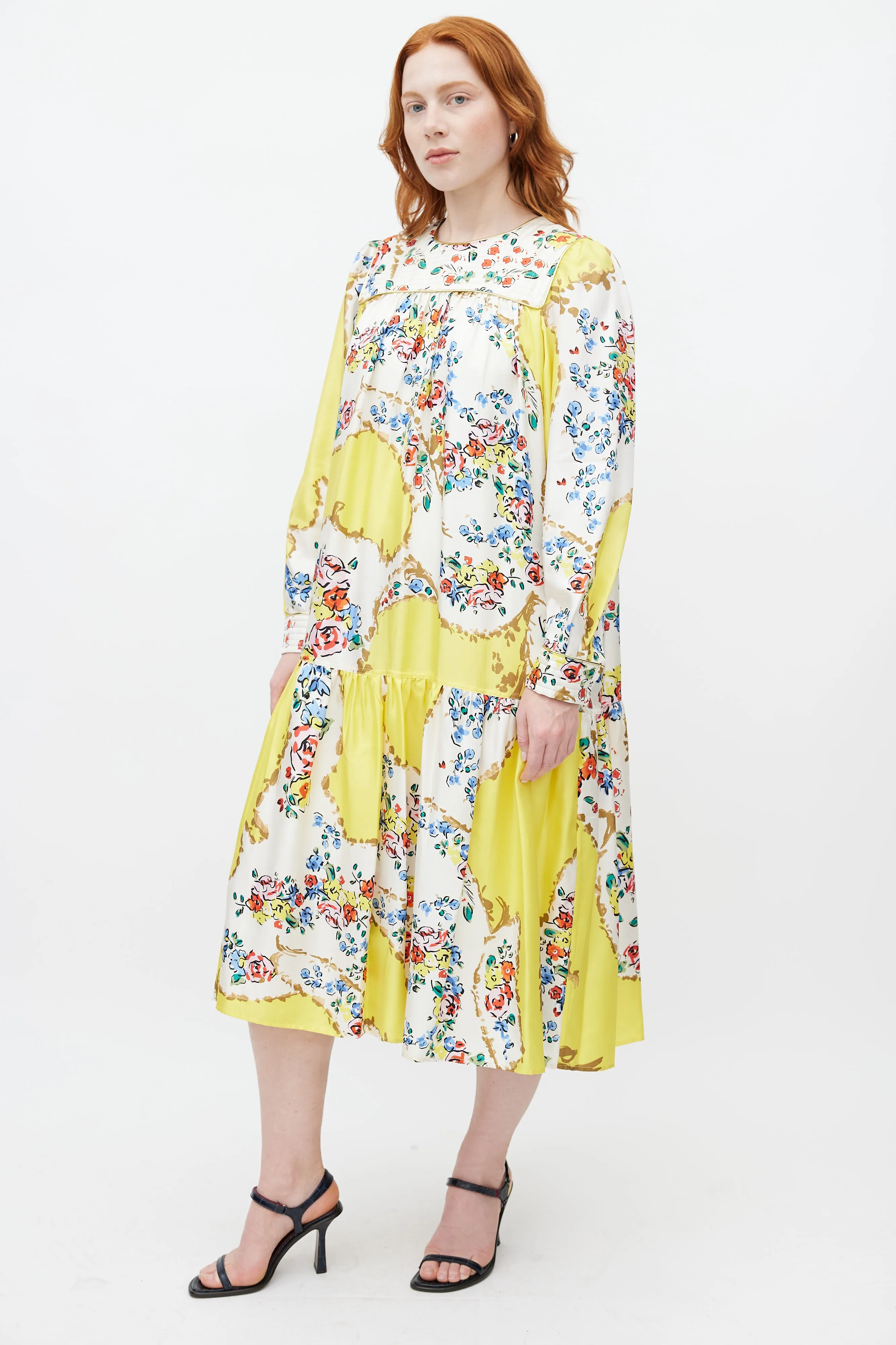 Yellow & Multicolour Floral Silk Dress