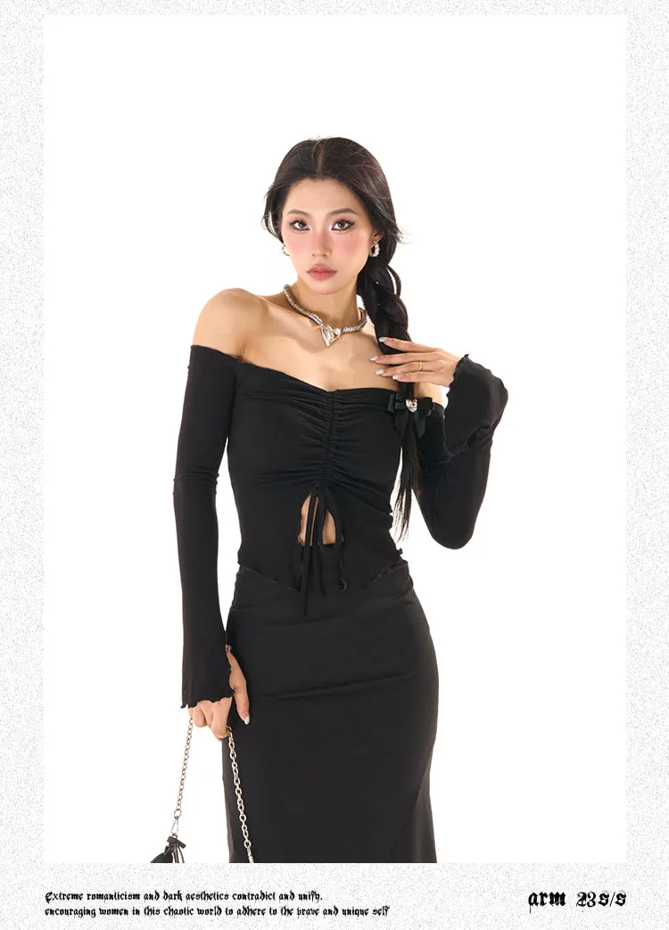 Zerocircle Solid Color Knitwear Off-the-Shoulder Ruched Long Flare Sleeve Cropped Top