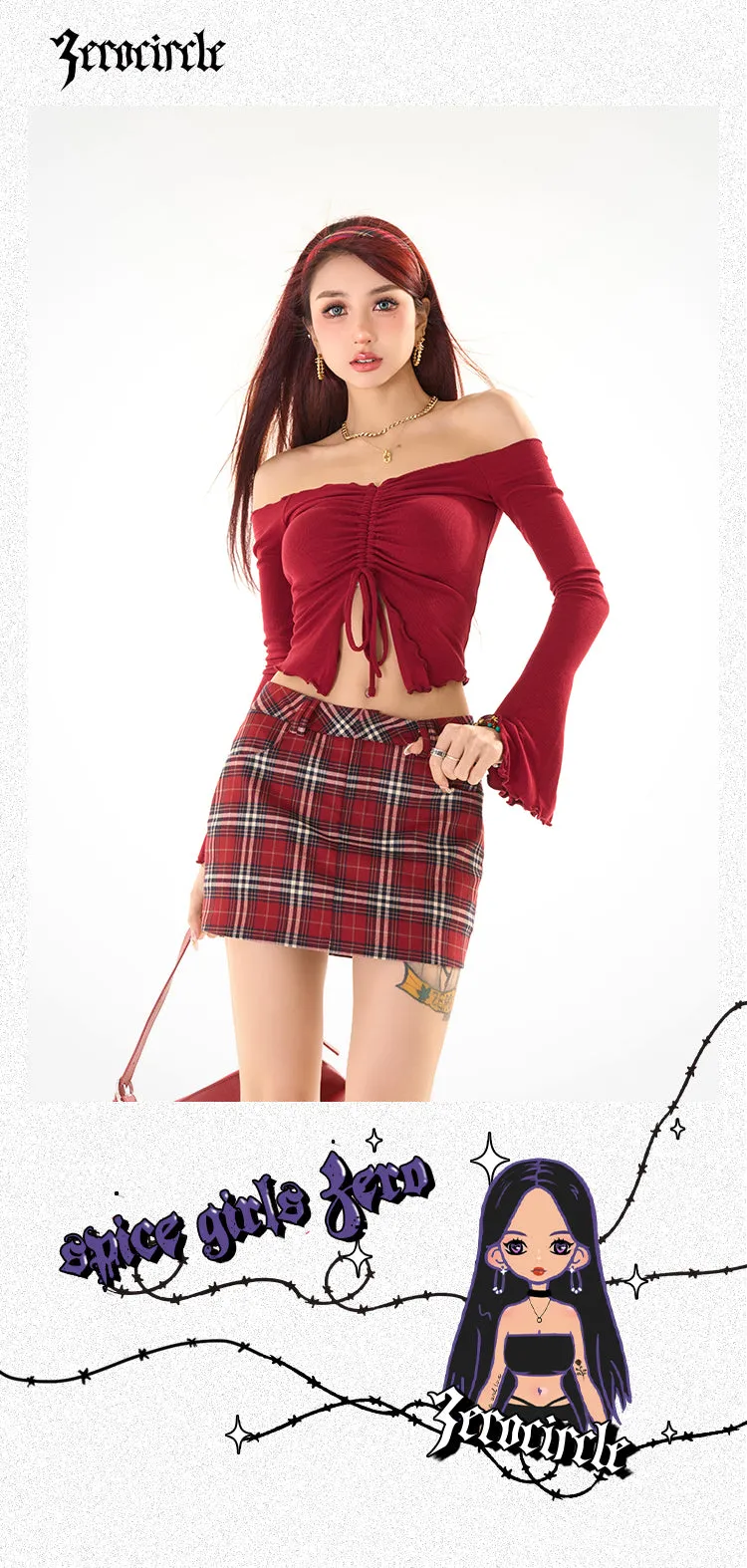 Zerocircle Solid Color Knitwear Off-the-Shoulder Ruched Long Flare Sleeve Cropped Top