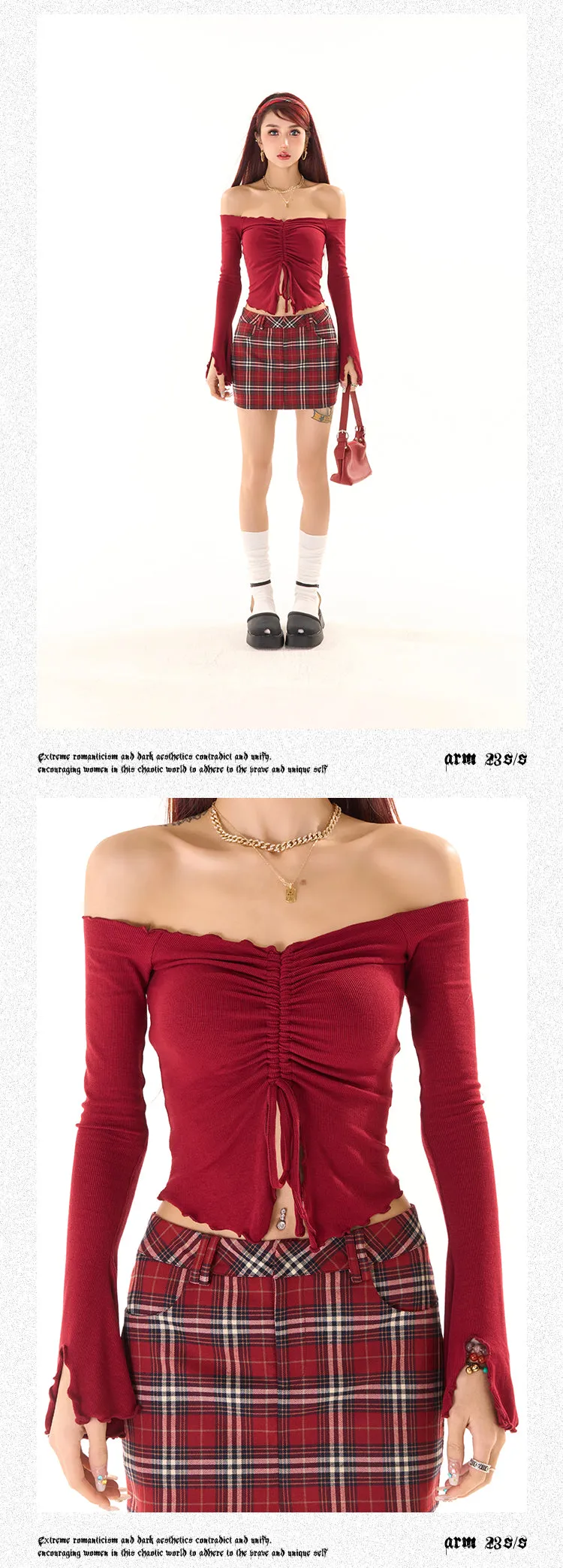 Zerocircle Solid Color Knitwear Off-the-Shoulder Ruched Long Flare Sleeve Cropped Top