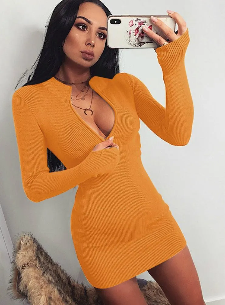 ZIPPER DEEP V-NECK SOLID STRETCH BODYCON PENCIL PARTY MINI DRESS